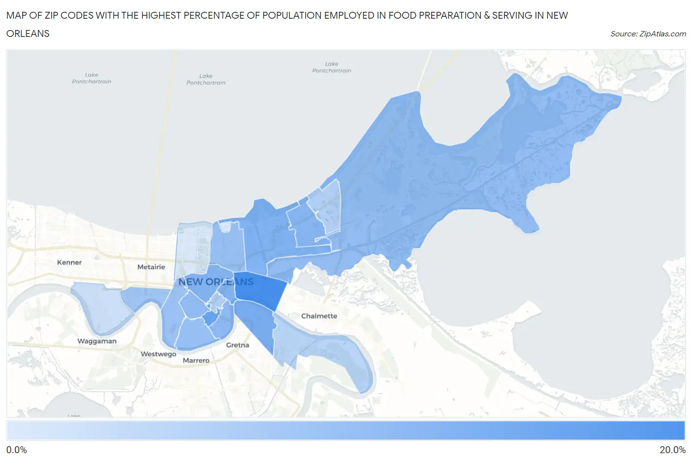 Zip Codes with the Highest Percentage of Population Employed in Food Preparation & Serving in New Orleans Map