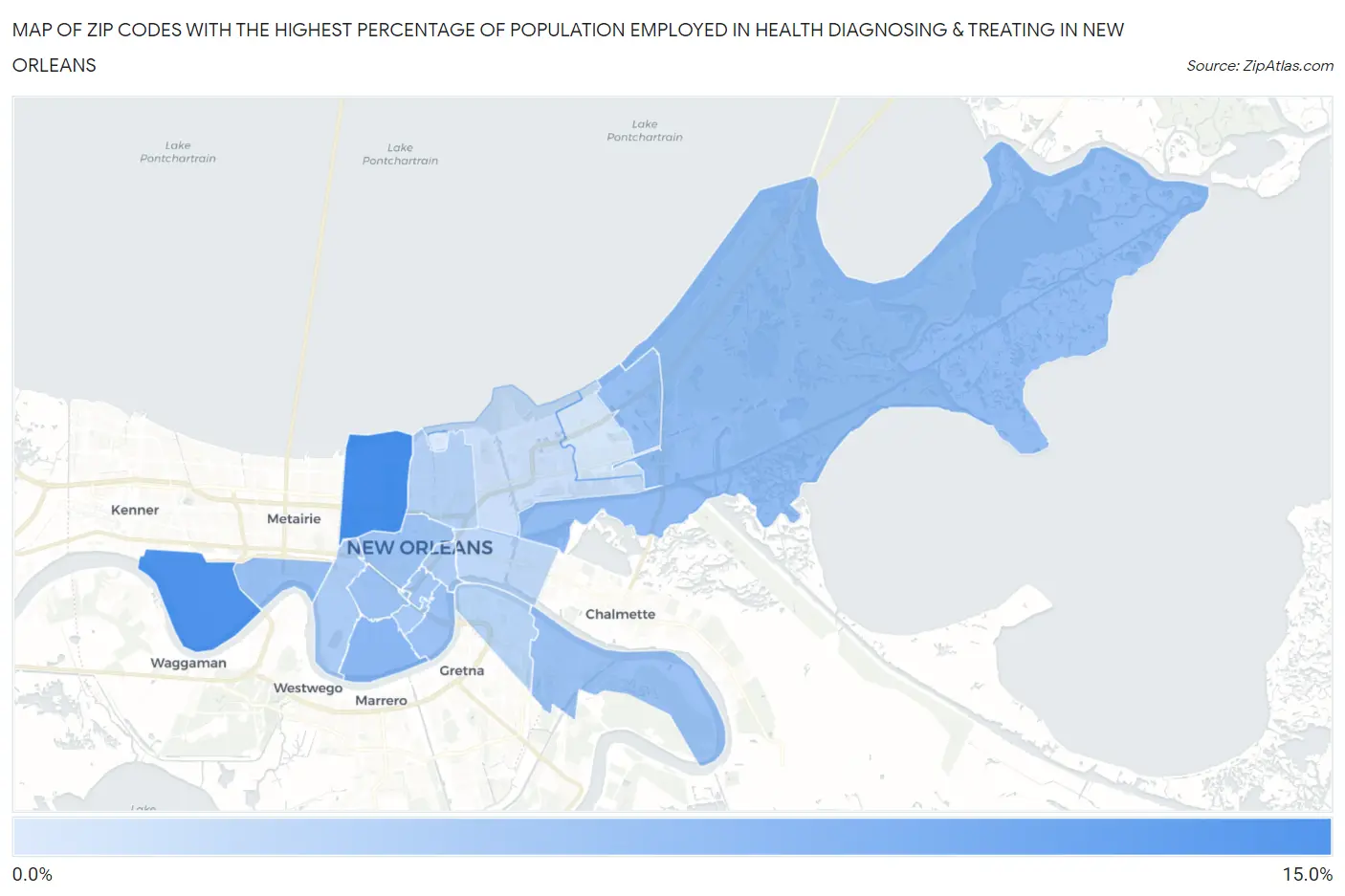 Zip Codes with the Highest Percentage of Population Employed in Health Diagnosing & Treating in New Orleans Map