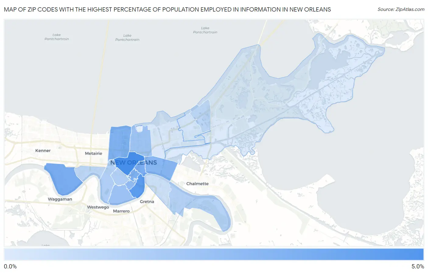 Zip Codes with the Highest Percentage of Population Employed in Information in New Orleans Map