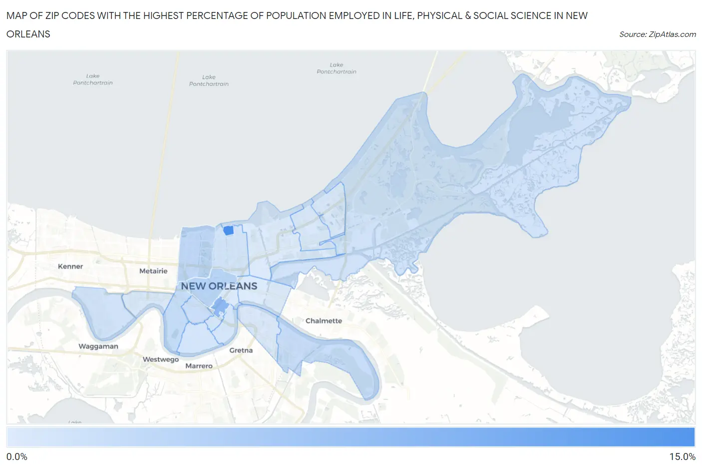 Zip Codes with the Highest Percentage of Population Employed in Life, Physical & Social Science in New Orleans Map