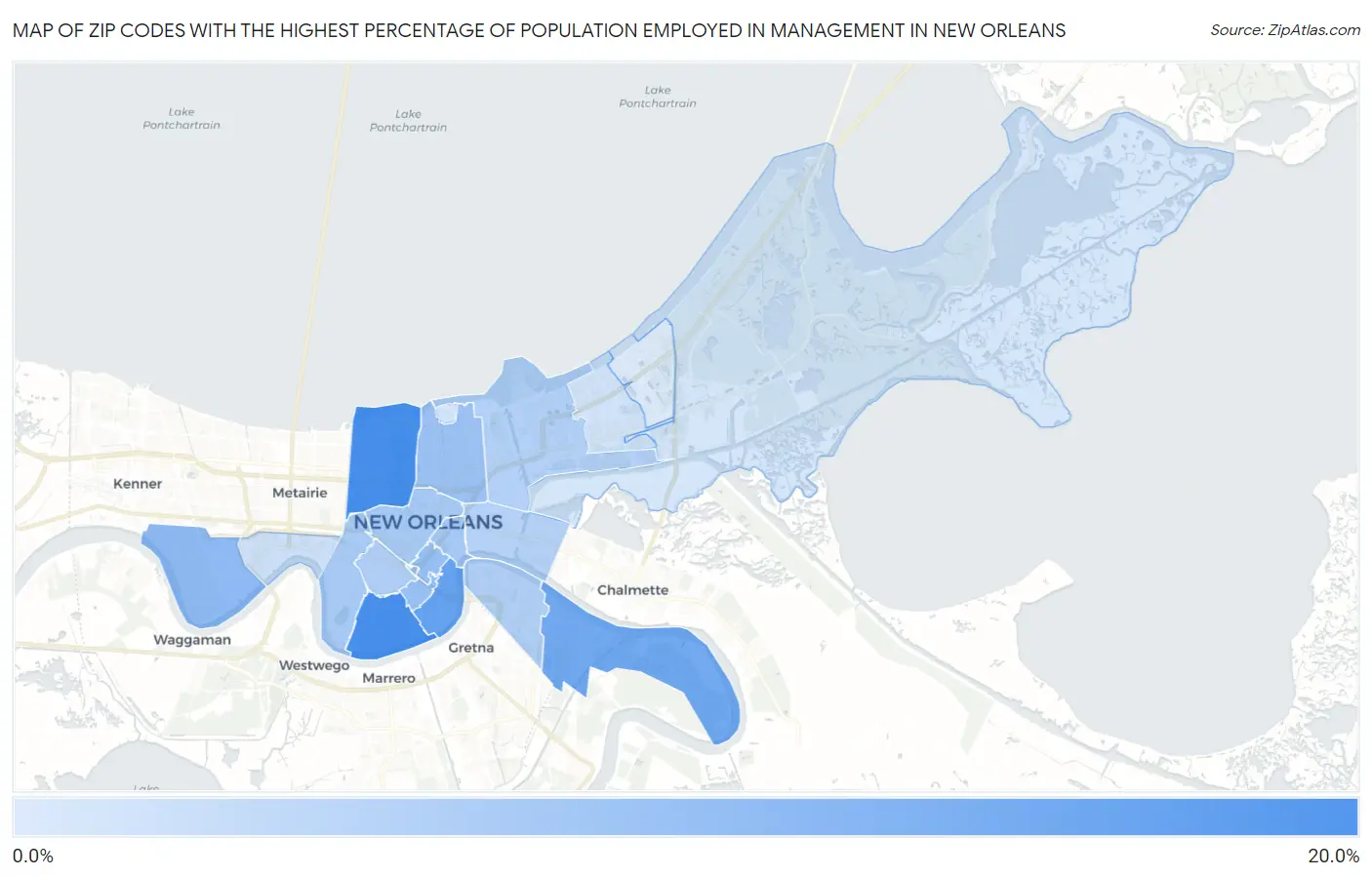 Zip Codes with the Highest Percentage of Population Employed in Management in New Orleans Map