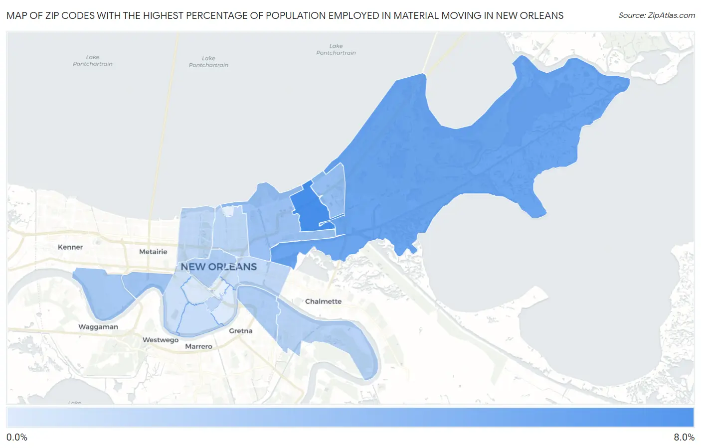 Zip Codes with the Highest Percentage of Population Employed in Material Moving in New Orleans Map