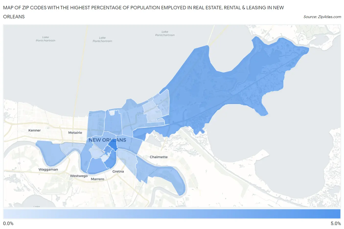 Zip Codes with the Highest Percentage of Population Employed in Real Estate, Rental & Leasing in New Orleans Map