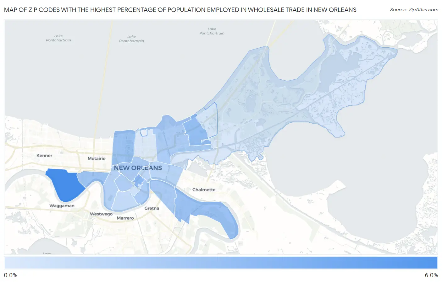 Zip Codes with the Highest Percentage of Population Employed in Wholesale Trade in New Orleans Map