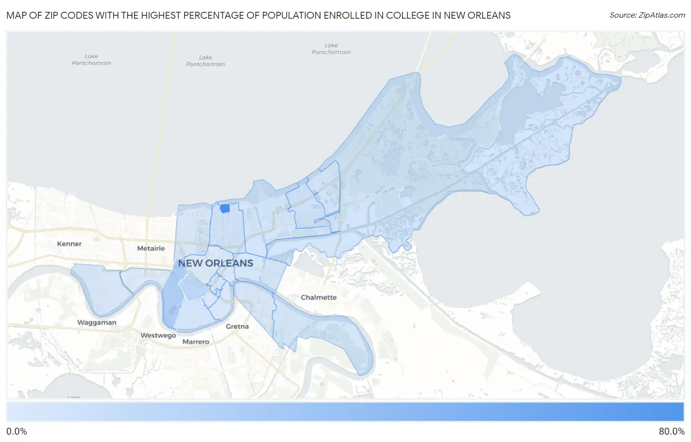 Zip Codes with the Highest Percentage of Population Enrolled in College in New Orleans Map