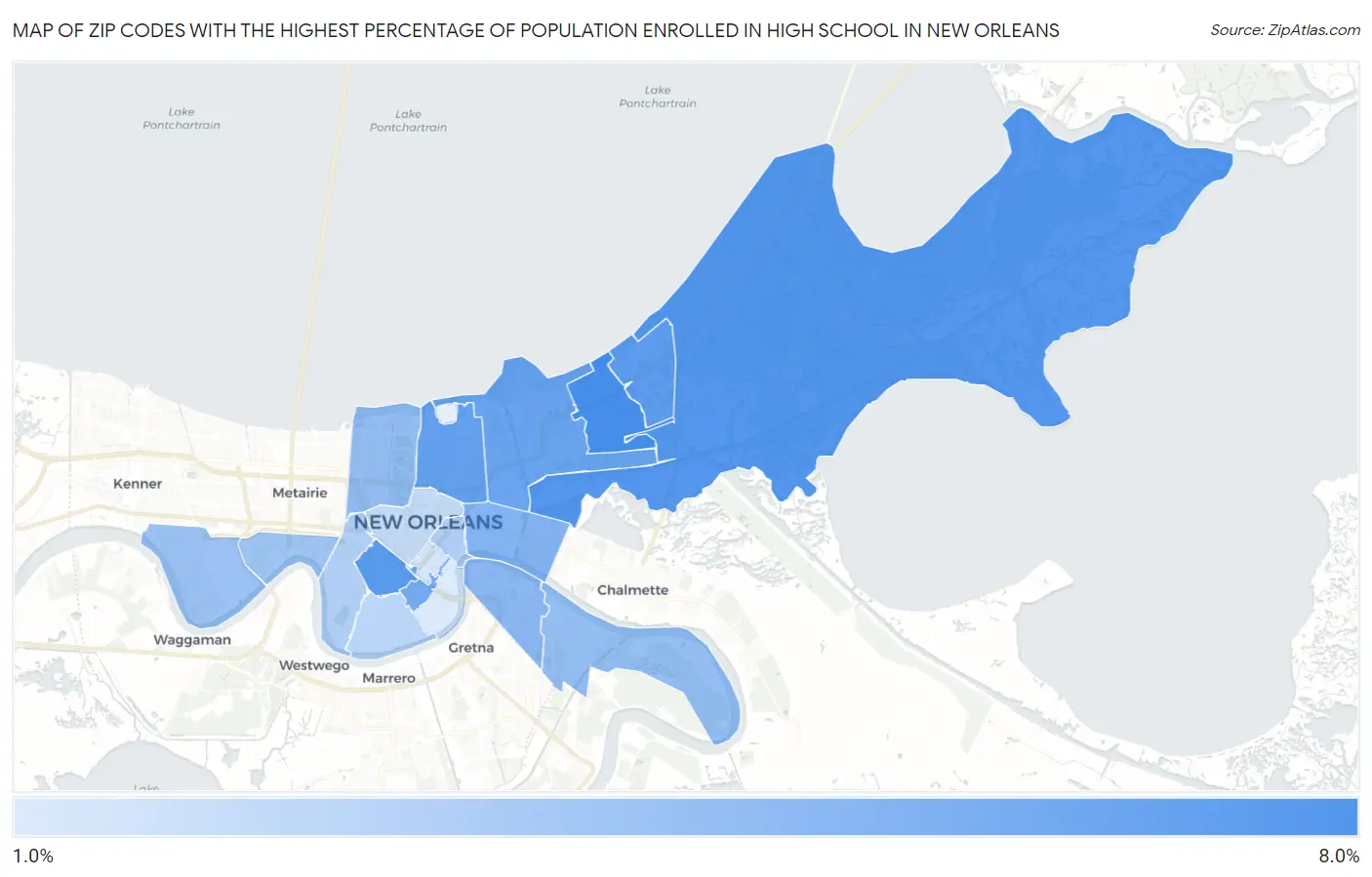 Zip Codes with the Highest Percentage of Population Enrolled in High School in New Orleans Map