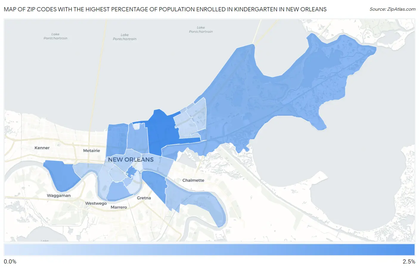 Zip Codes with the Highest Percentage of Population Enrolled in Kindergarten in New Orleans Map