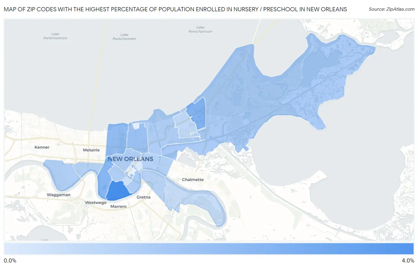 Zip Codes with the Highest Percentage of Population Enrolled in Nursery / Preschool in New Orleans Map