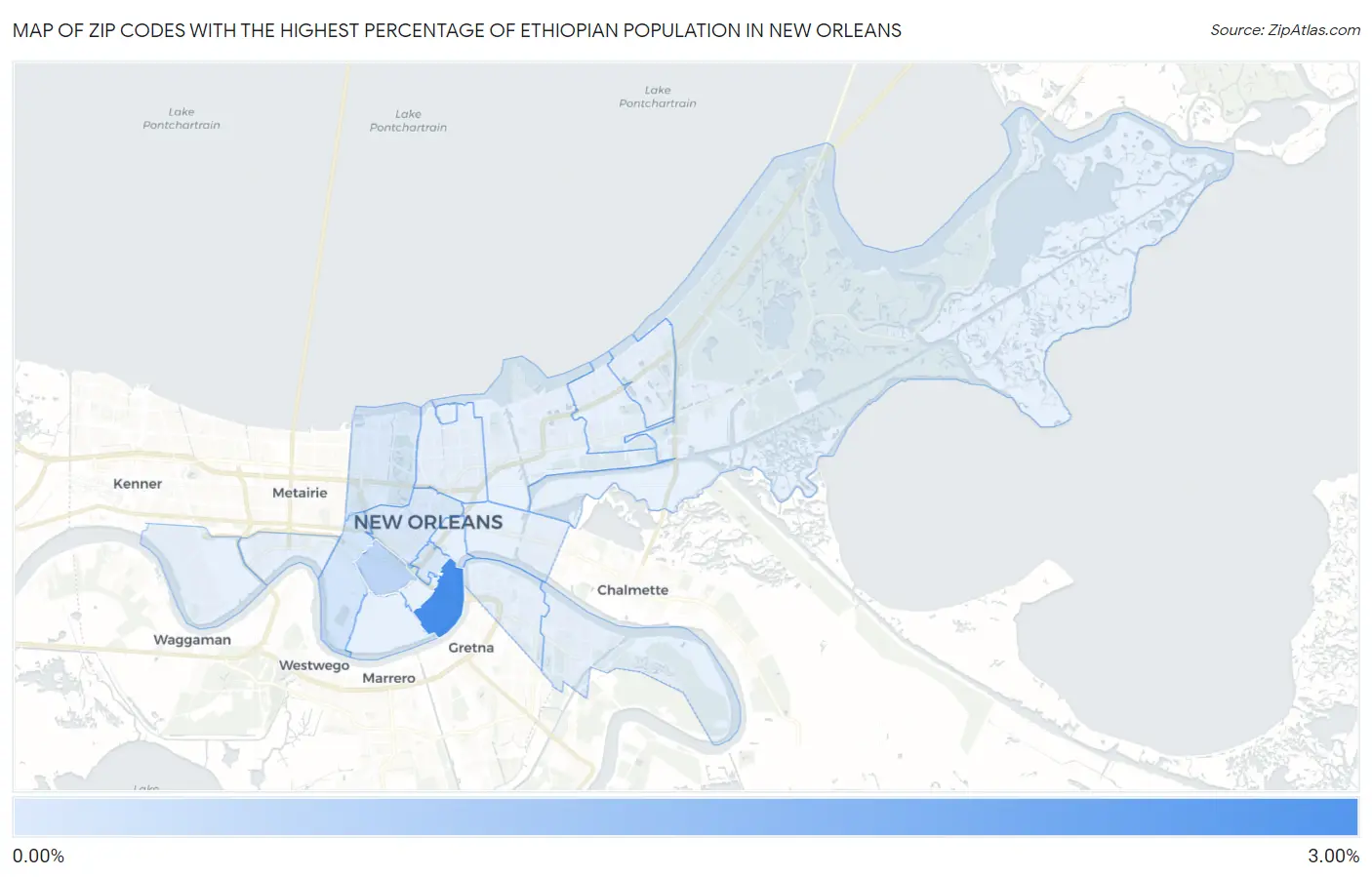 Zip Codes with the Highest Percentage of Ethiopian Population in New Orleans Map