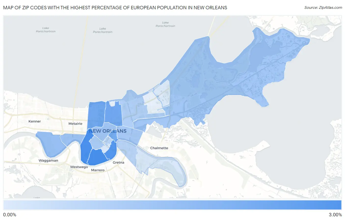 Zip Codes with the Highest Percentage of European Population in New Orleans Map