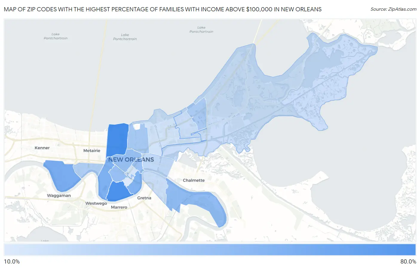 Zip Codes with the Highest Percentage of Families with Income Above $100,000 in New Orleans Map