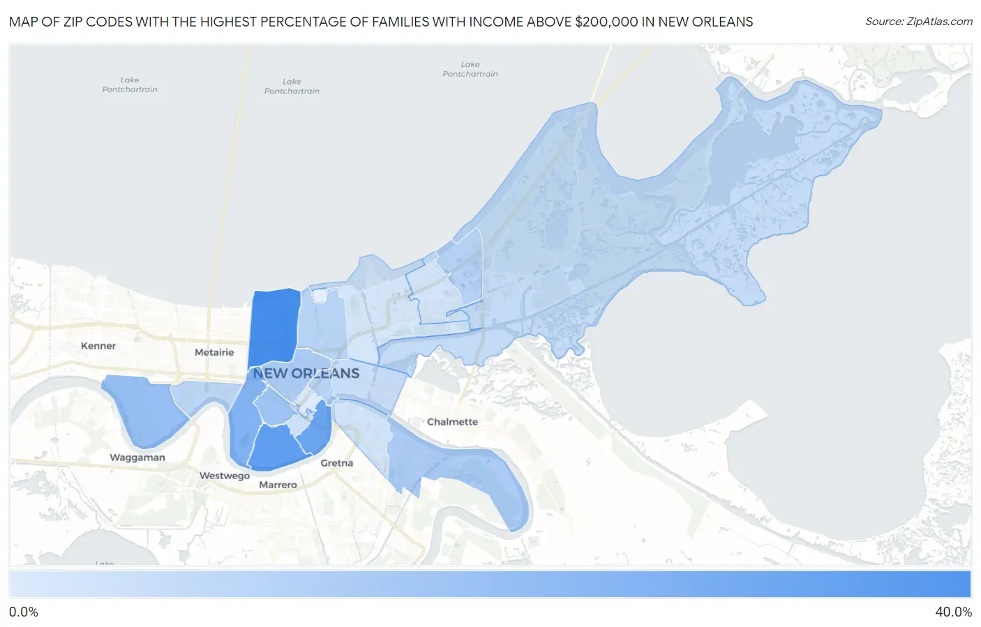 Zip Codes with the Highest Percentage of Families with Income Above $200,000 in New Orleans Map