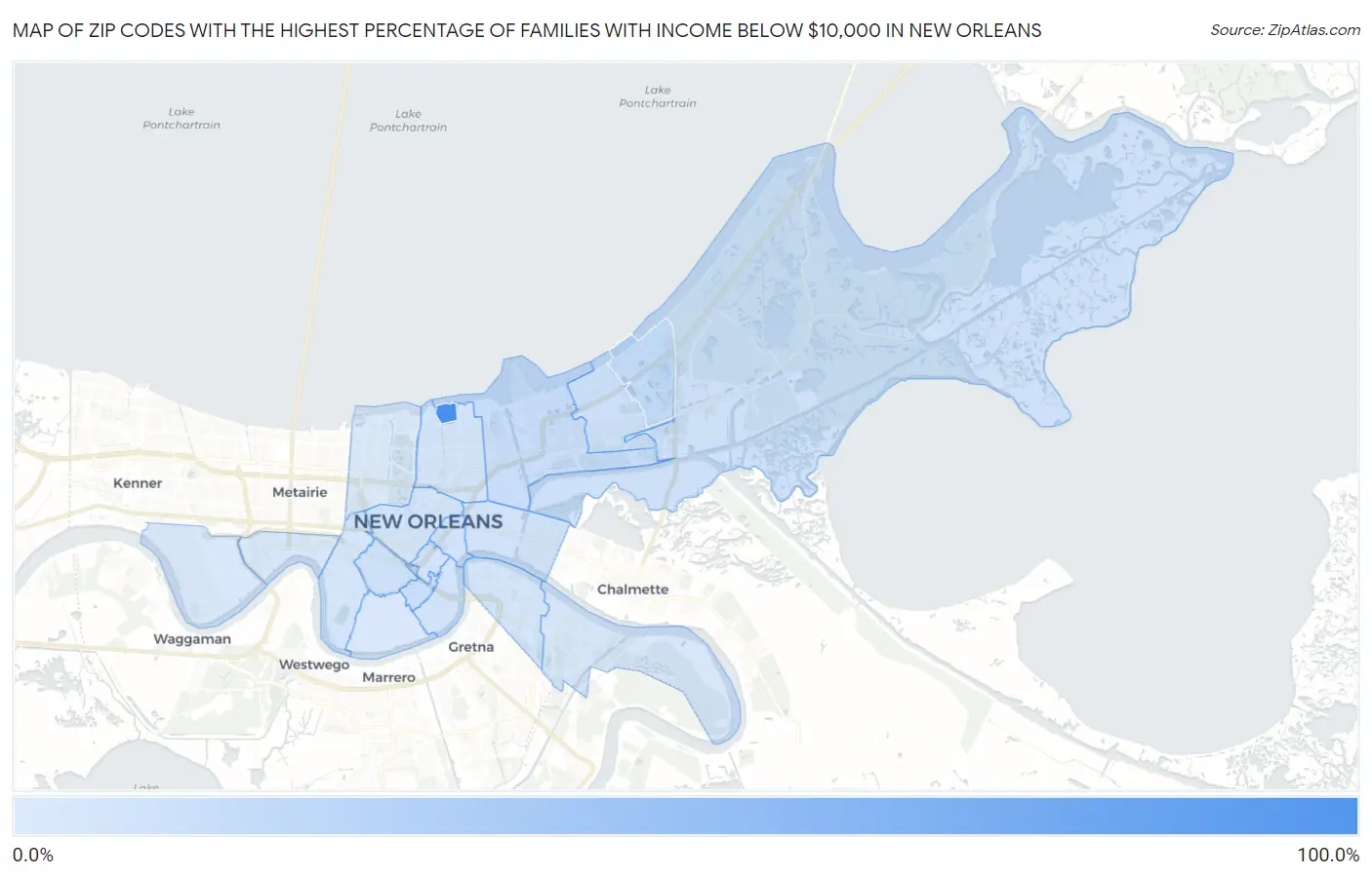 Zip Codes with the Highest Percentage of Families with Income Below $10,000 in New Orleans Map