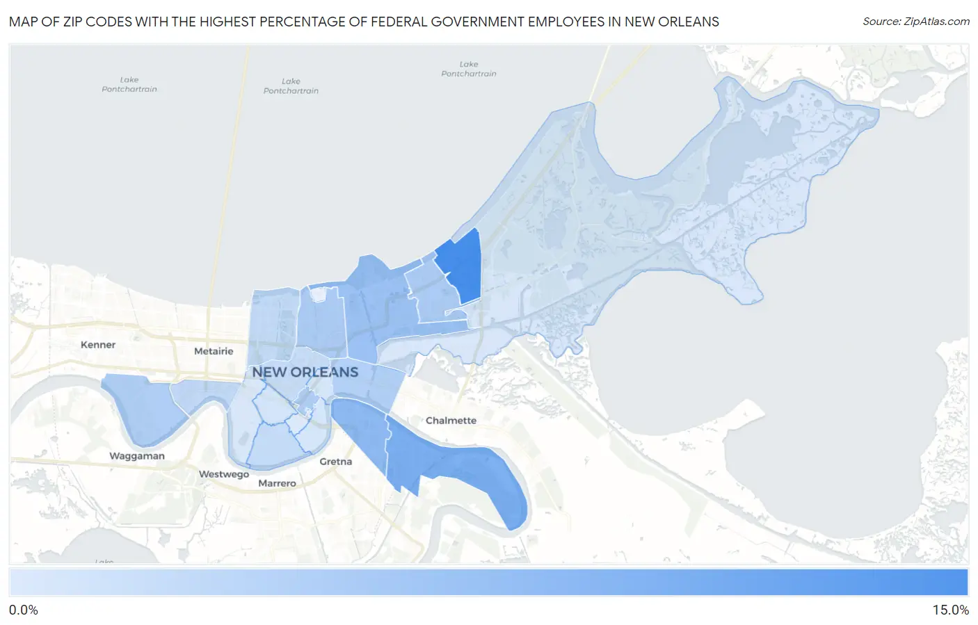 Zip Codes with the Highest Percentage of Federal Government Employees in New Orleans Map