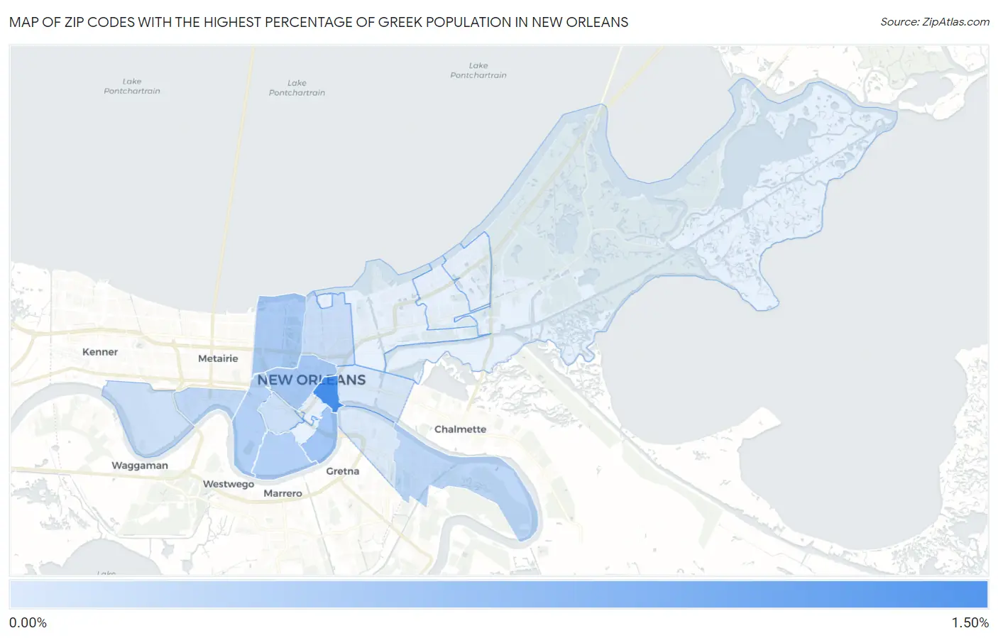Zip Codes with the Highest Percentage of Greek Population in New Orleans Map