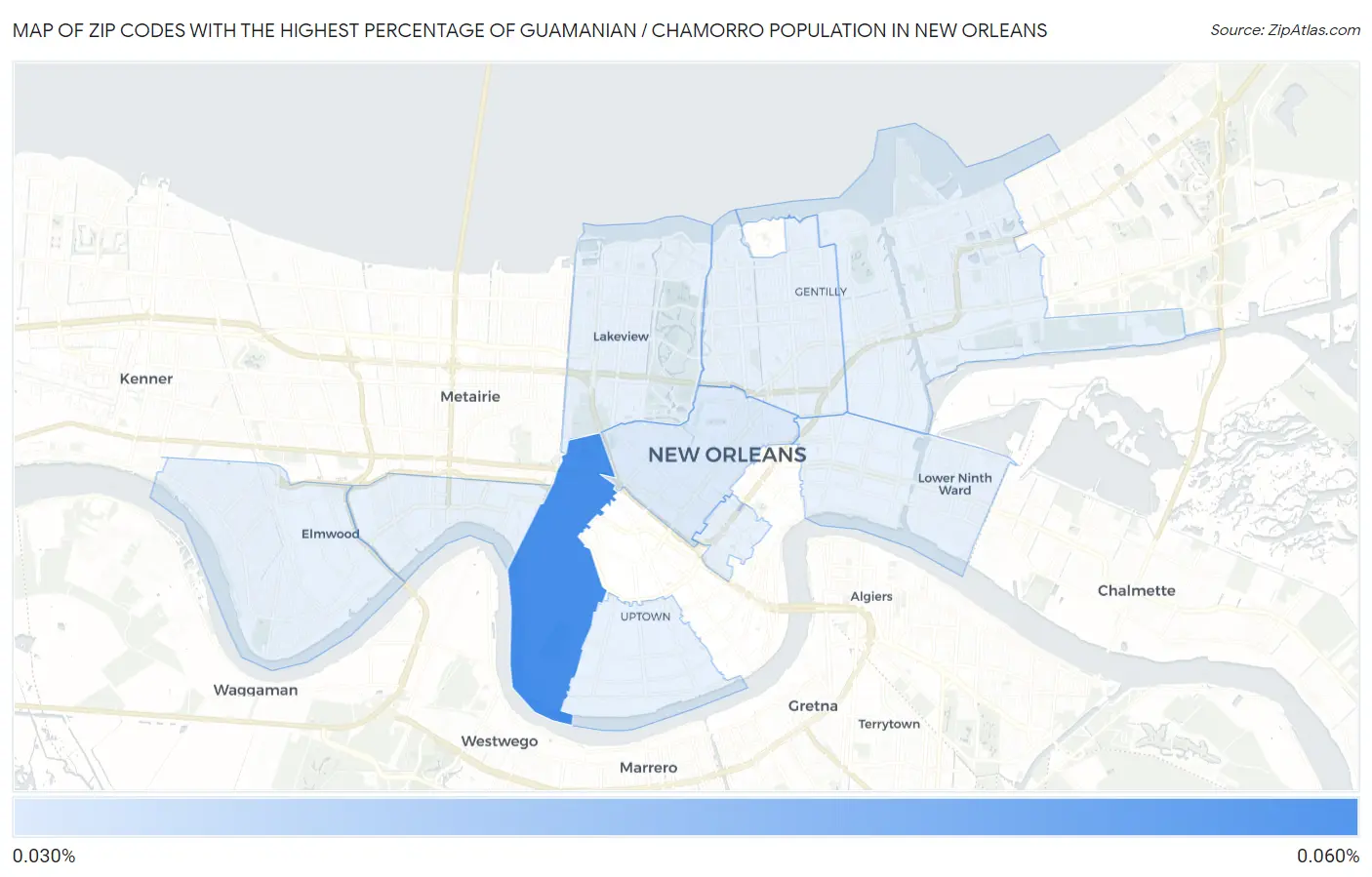Zip Codes with the Highest Percentage of Guamanian / Chamorro Population in New Orleans Map