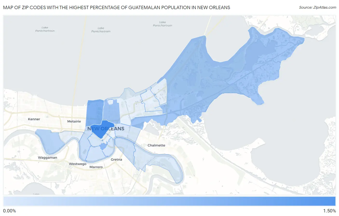 Zip Codes with the Highest Percentage of Guatemalan Population in New Orleans Map