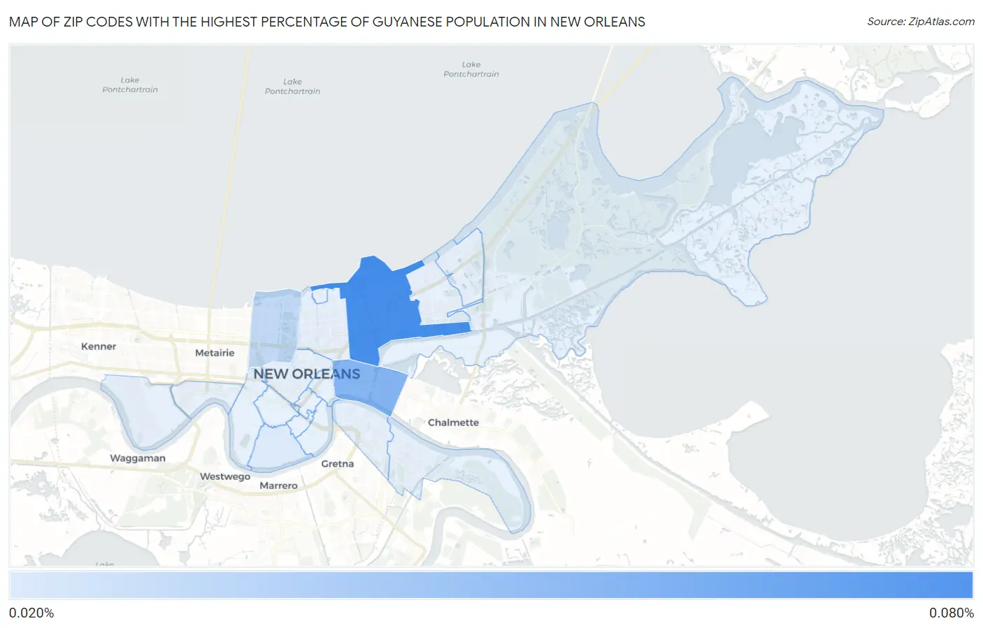 Zip Codes with the Highest Percentage of Guyanese Population in New Orleans Map