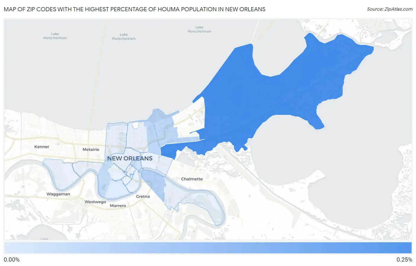 Zip Codes with the Highest Percentage of Houma Population in New Orleans Map