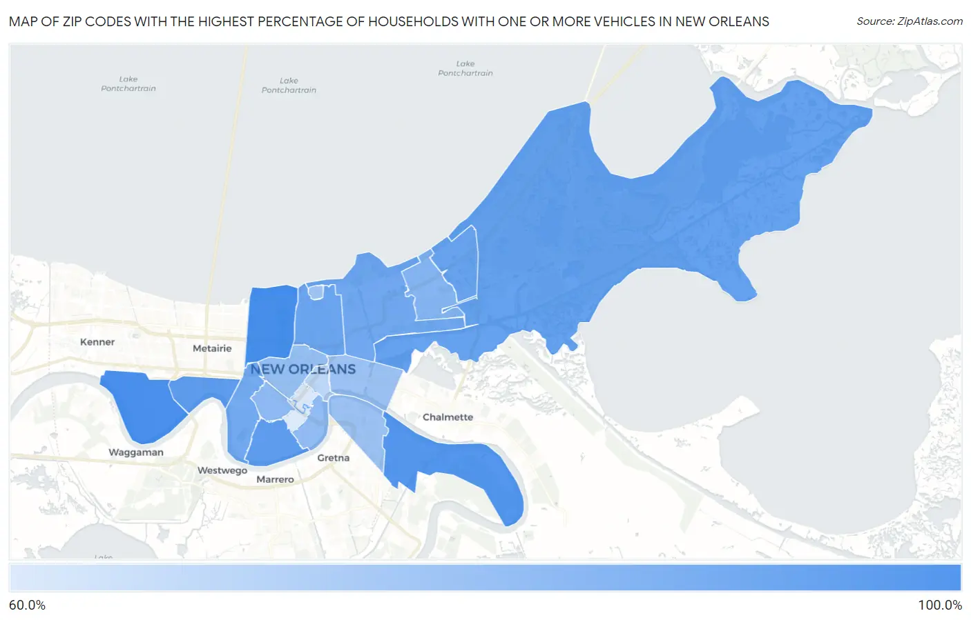 Zip Codes with the Highest Percentage of Households With One or more Vehicles in New Orleans Map