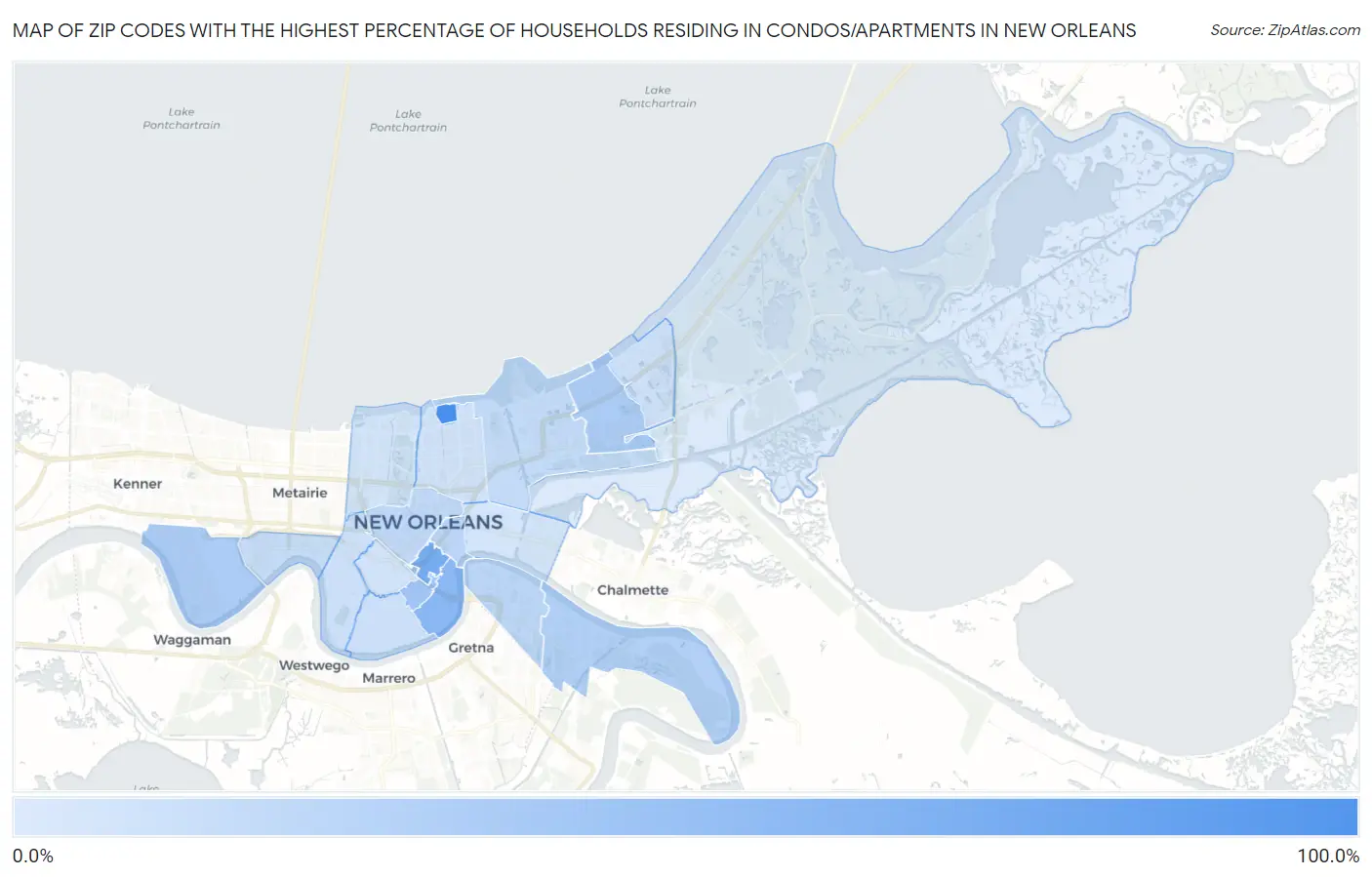 Zip Codes with the Highest Percentage of Households Residing in Condos/Apartments in New Orleans Map