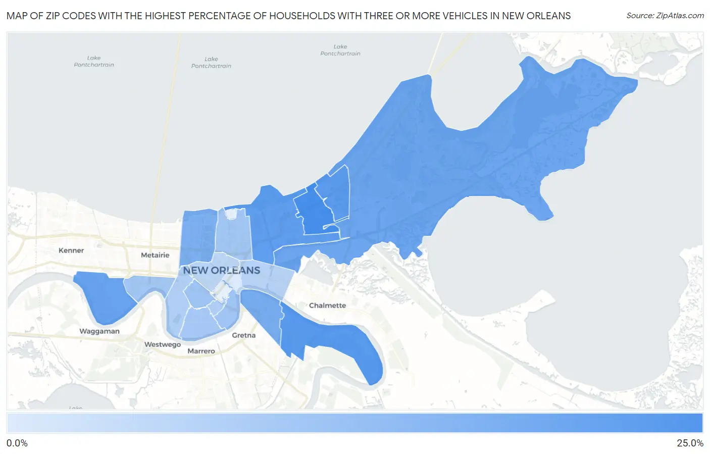 Zip Codes with the Highest Percentage of Households With Three or more Vehicles in New Orleans Map