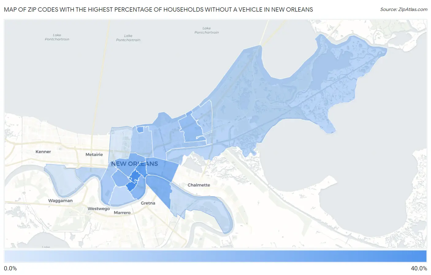 Zip Codes with the Highest Percentage of Households Without a Vehicle in New Orleans Map