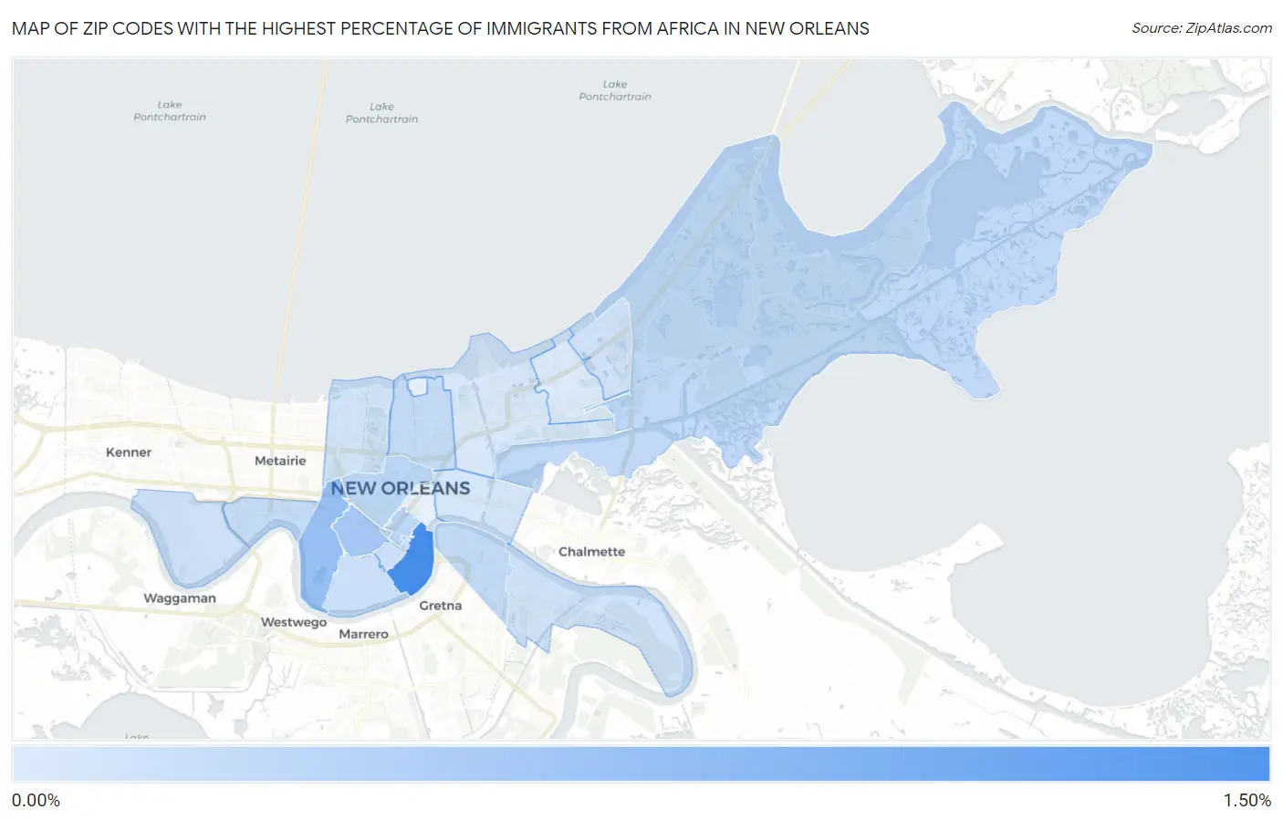 Zip Codes with the Highest Percentage of Immigrants from Africa in New Orleans Map