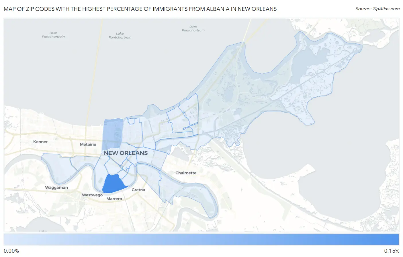Zip Codes with the Highest Percentage of Immigrants from Albania in New Orleans Map