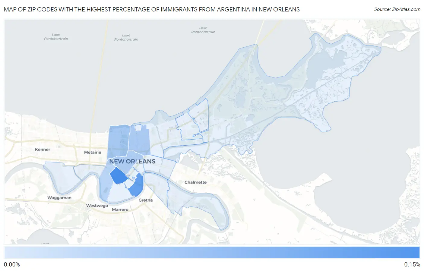 Zip Codes with the Highest Percentage of Immigrants from Argentina in New Orleans Map
