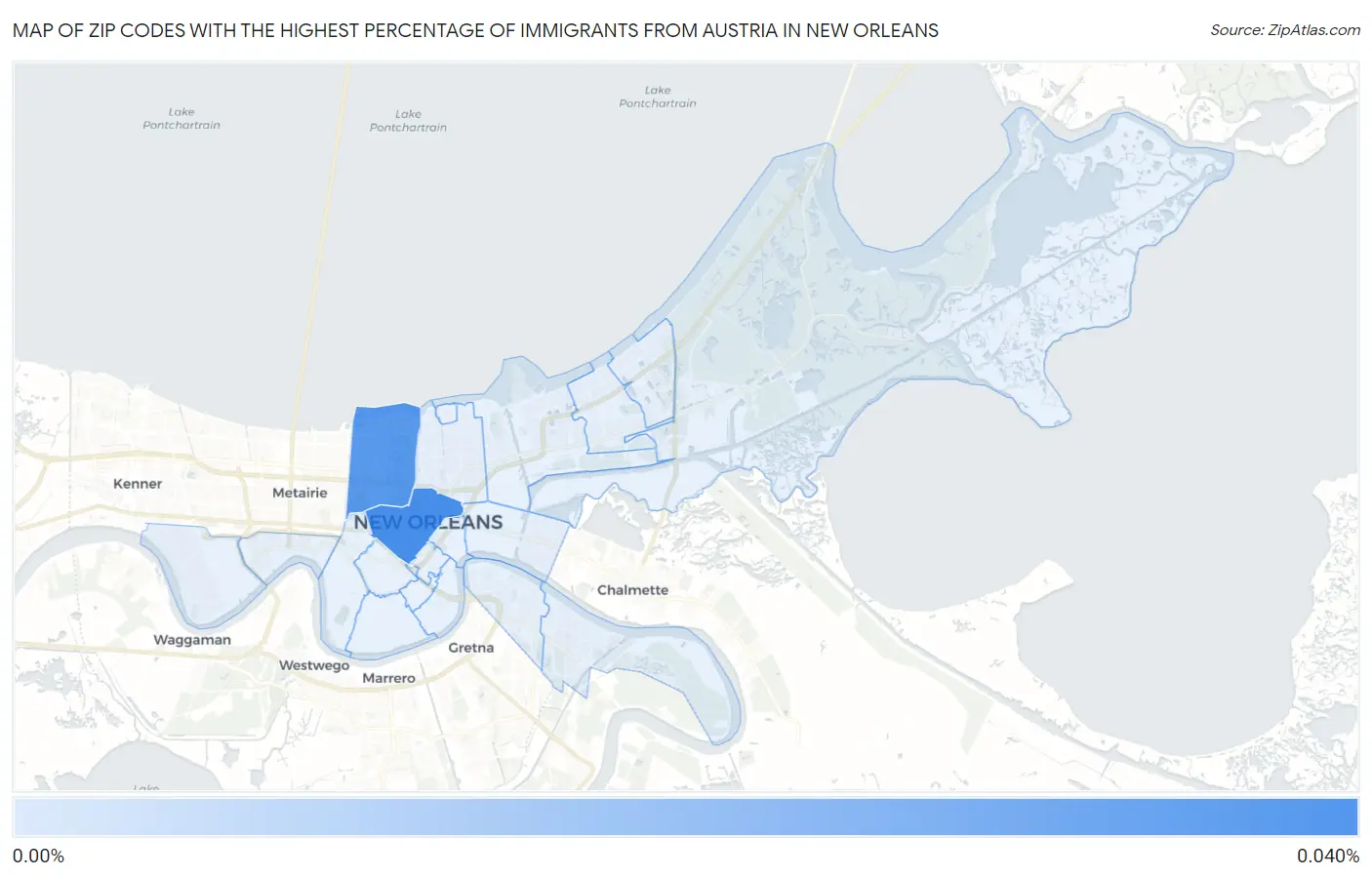 Zip Codes with the Highest Percentage of Immigrants from Austria in New Orleans Map