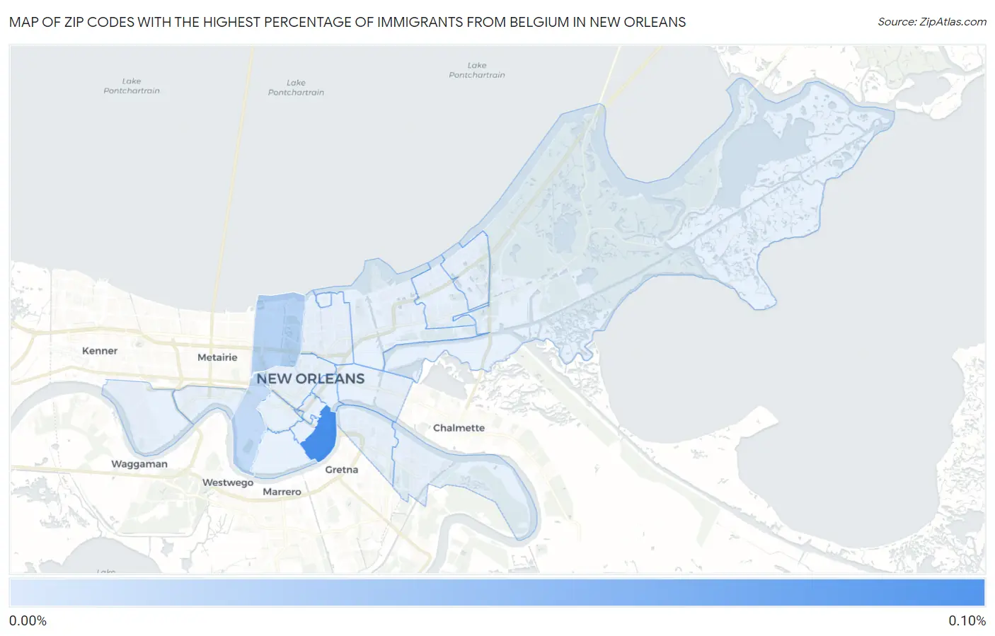 Zip Codes with the Highest Percentage of Immigrants from Belgium in New Orleans Map