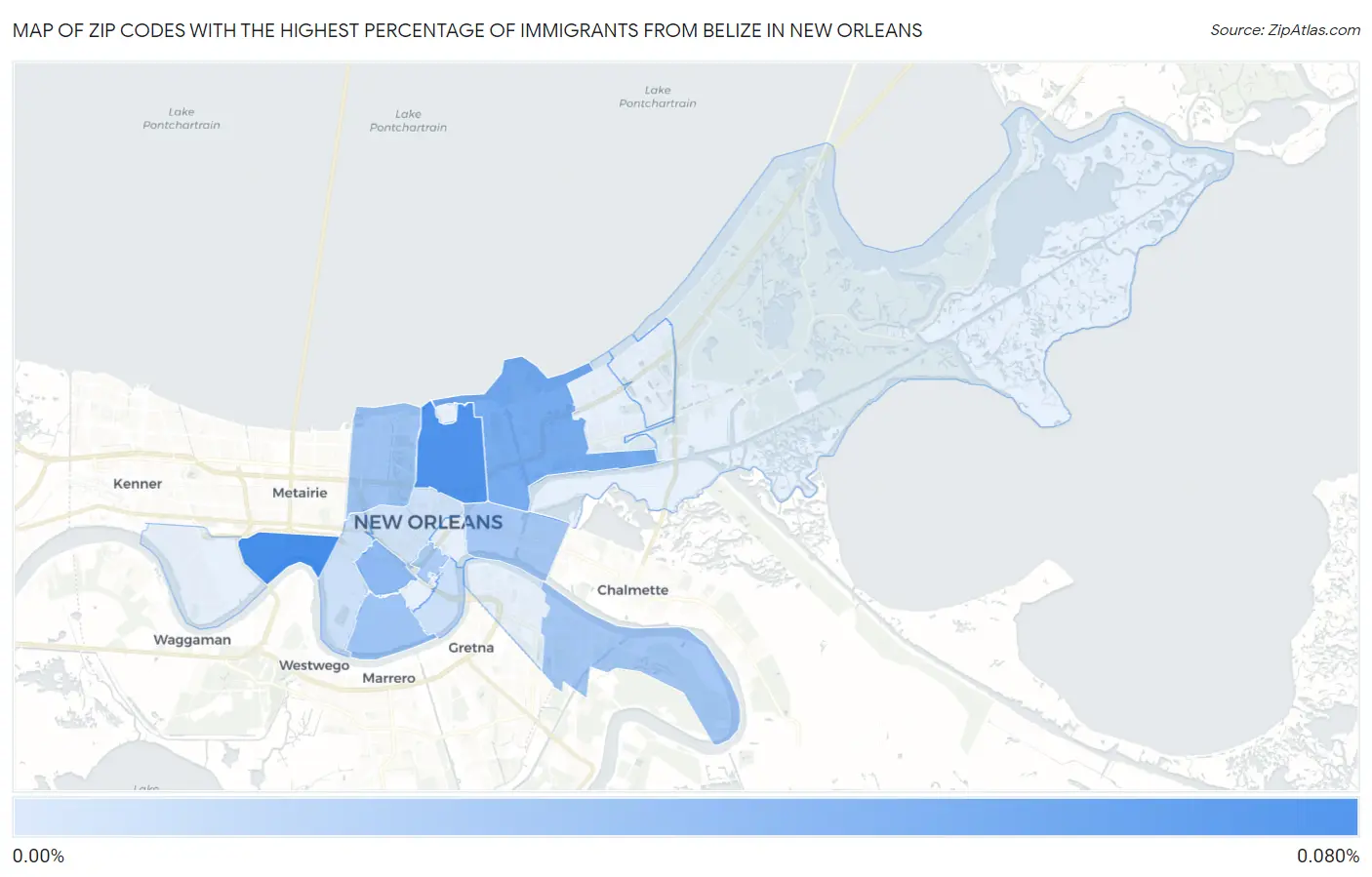 Zip Codes with the Highest Percentage of Immigrants from Belize in New Orleans Map