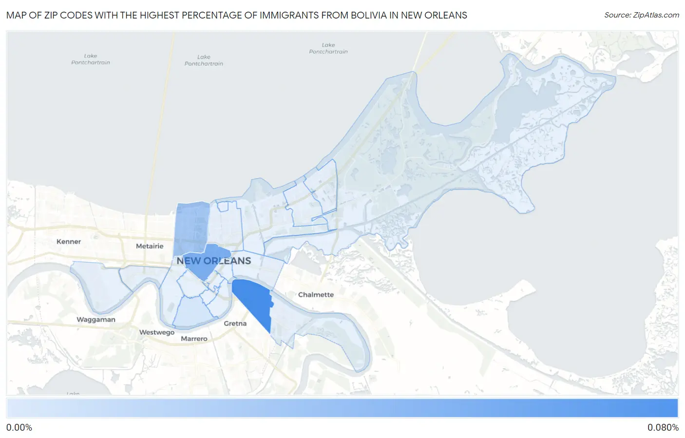 Zip Codes with the Highest Percentage of Immigrants from Bolivia in New Orleans Map