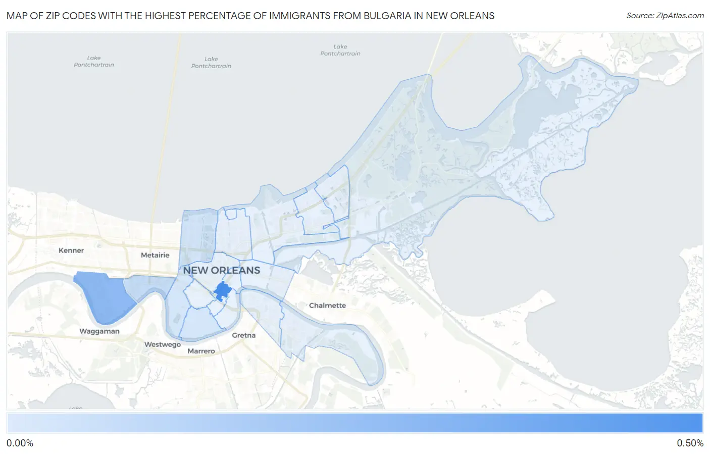 Zip Codes with the Highest Percentage of Immigrants from Bulgaria in New Orleans Map