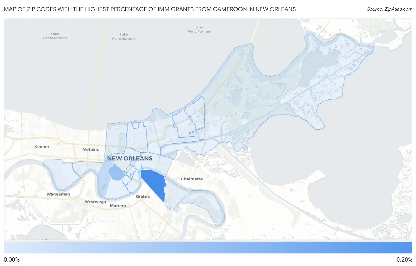 Zip Codes with the Highest Percentage of Immigrants from Cameroon in New Orleans Map
