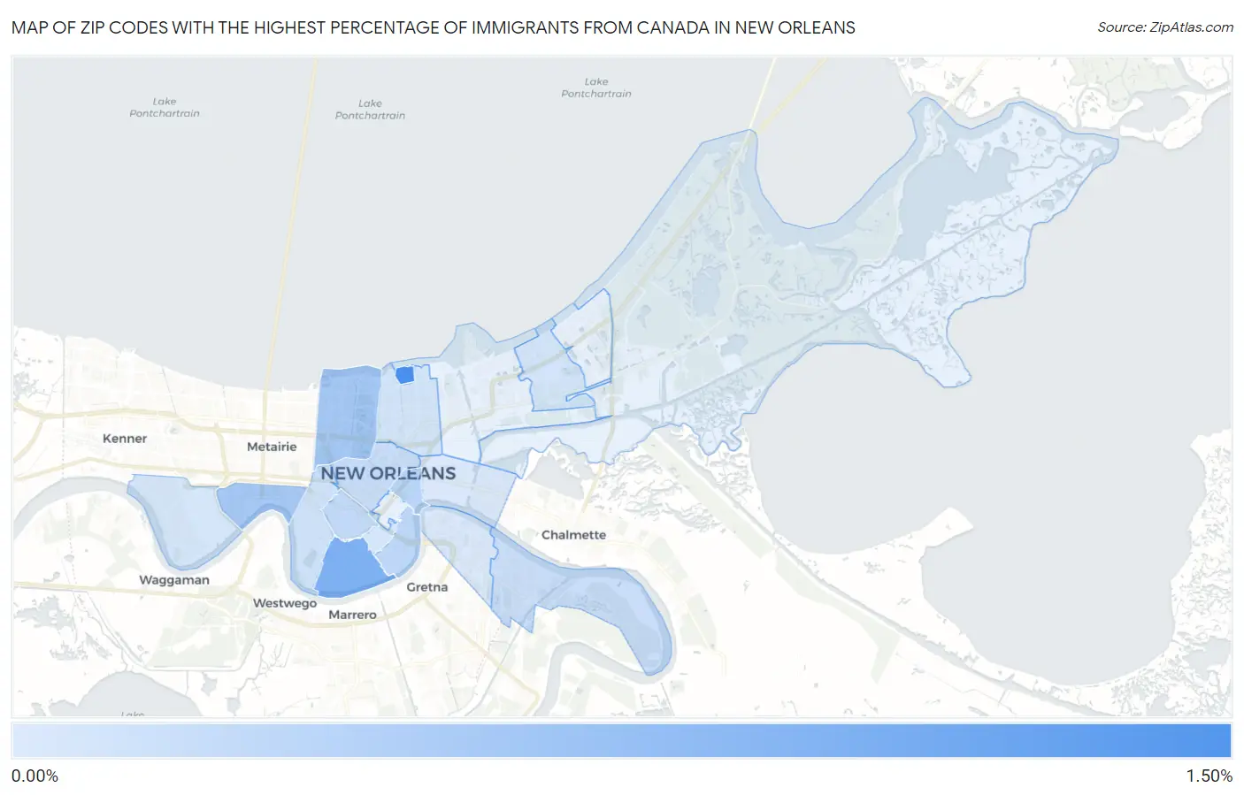 Zip Codes with the Highest Percentage of Immigrants from Canada in New Orleans Map