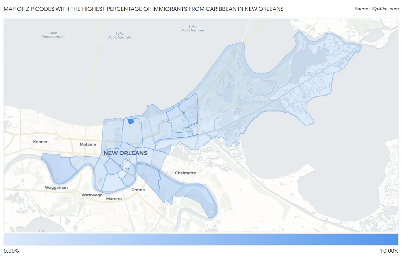 Zip Codes with the Highest Percentage of Immigrants from Caribbean in New Orleans Map
