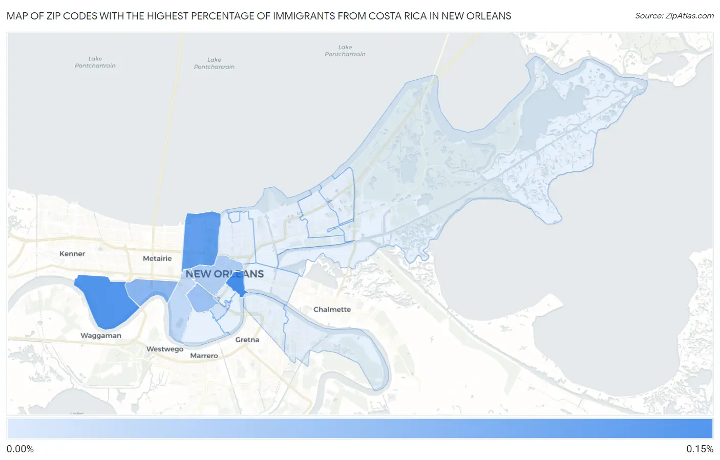 Zip Codes with the Highest Percentage of Immigrants from Costa Rica in New Orleans Map
