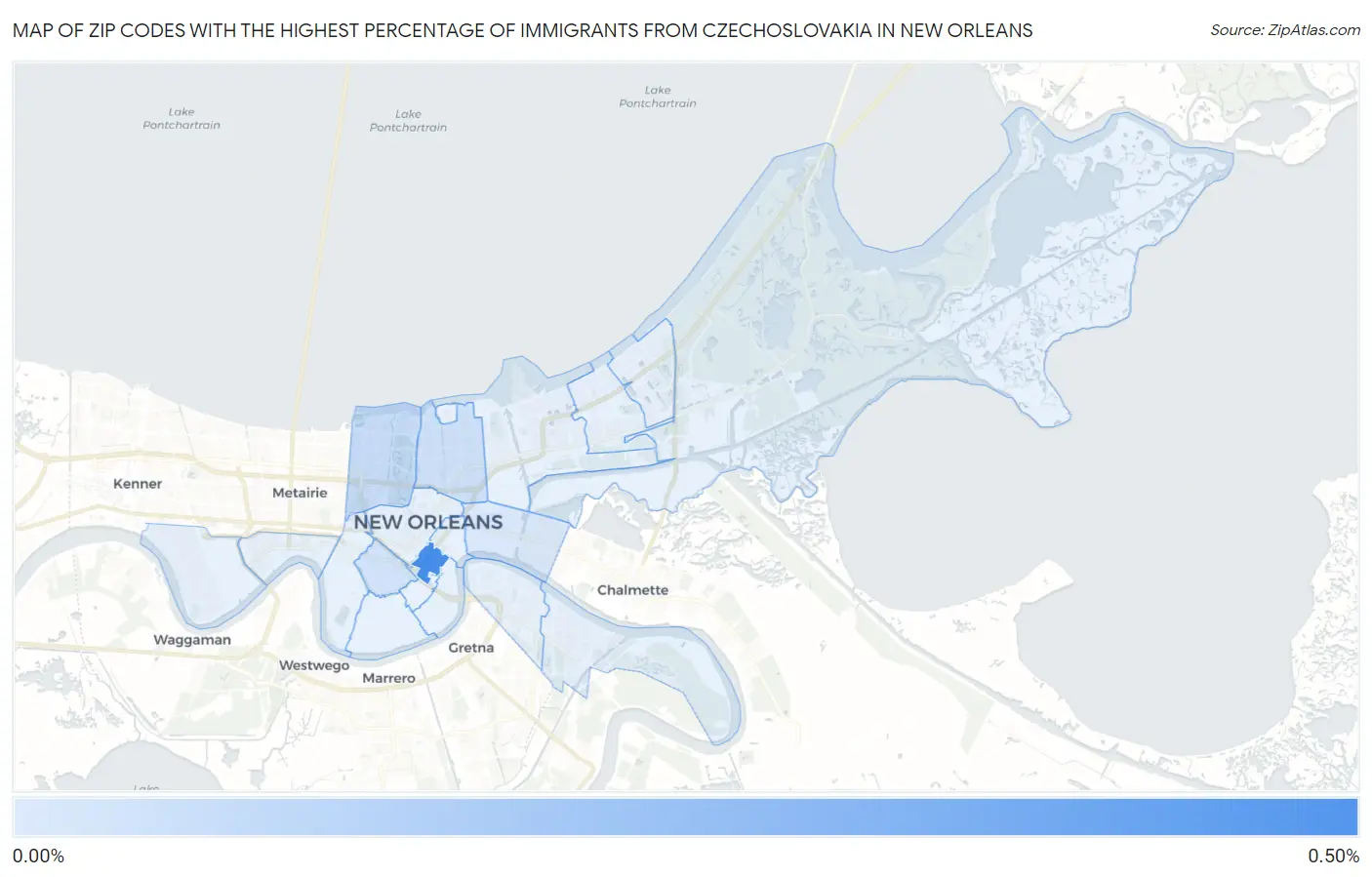 Zip Codes with the Highest Percentage of Immigrants from Czechoslovakia in New Orleans Map