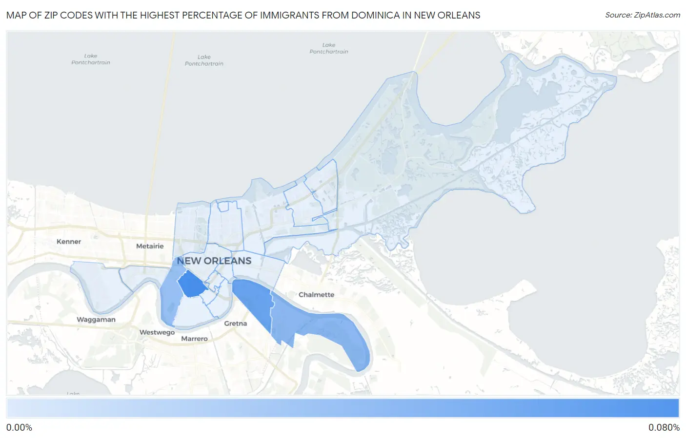 Zip Codes with the Highest Percentage of Immigrants from Dominica in New Orleans Map