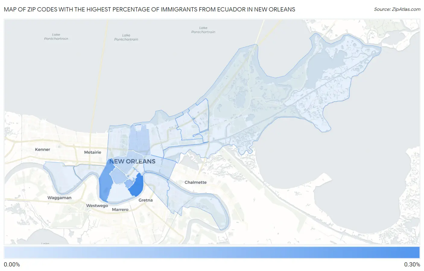 Zip Codes with the Highest Percentage of Immigrants from Ecuador in New Orleans Map