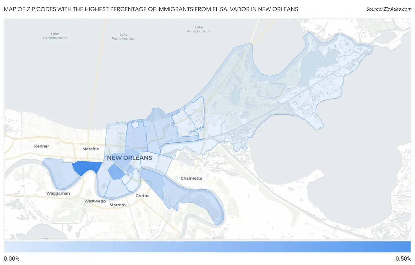 Zip Codes with the Highest Percentage of Immigrants from El Salvador in New Orleans Map