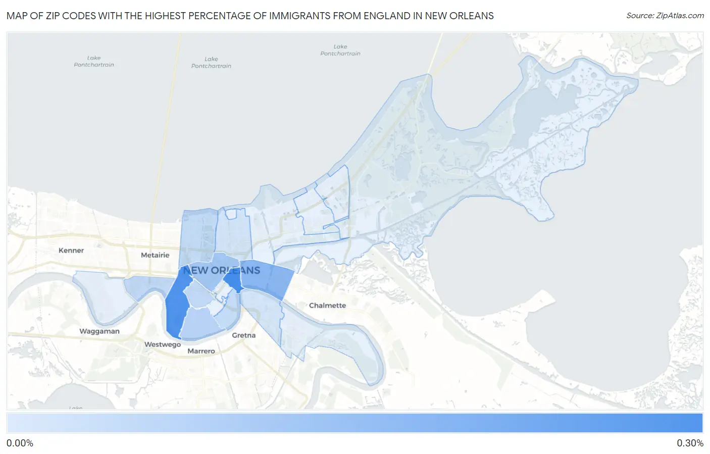 Zip Codes with the Highest Percentage of Immigrants from England in New Orleans Map