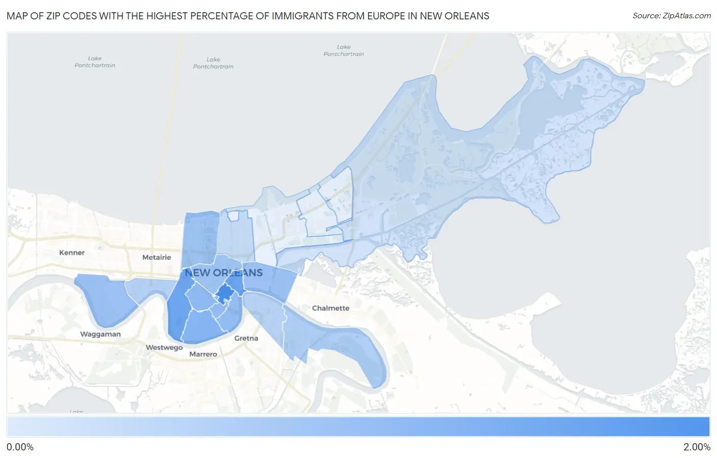 Zip Codes with the Highest Percentage of Immigrants from Europe in New Orleans Map