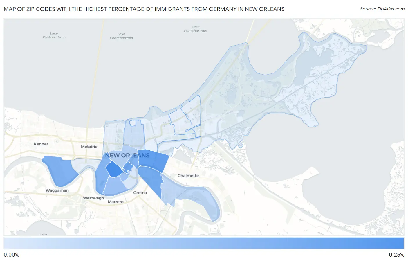 Zip Codes with the Highest Percentage of Immigrants from Germany in New Orleans Map