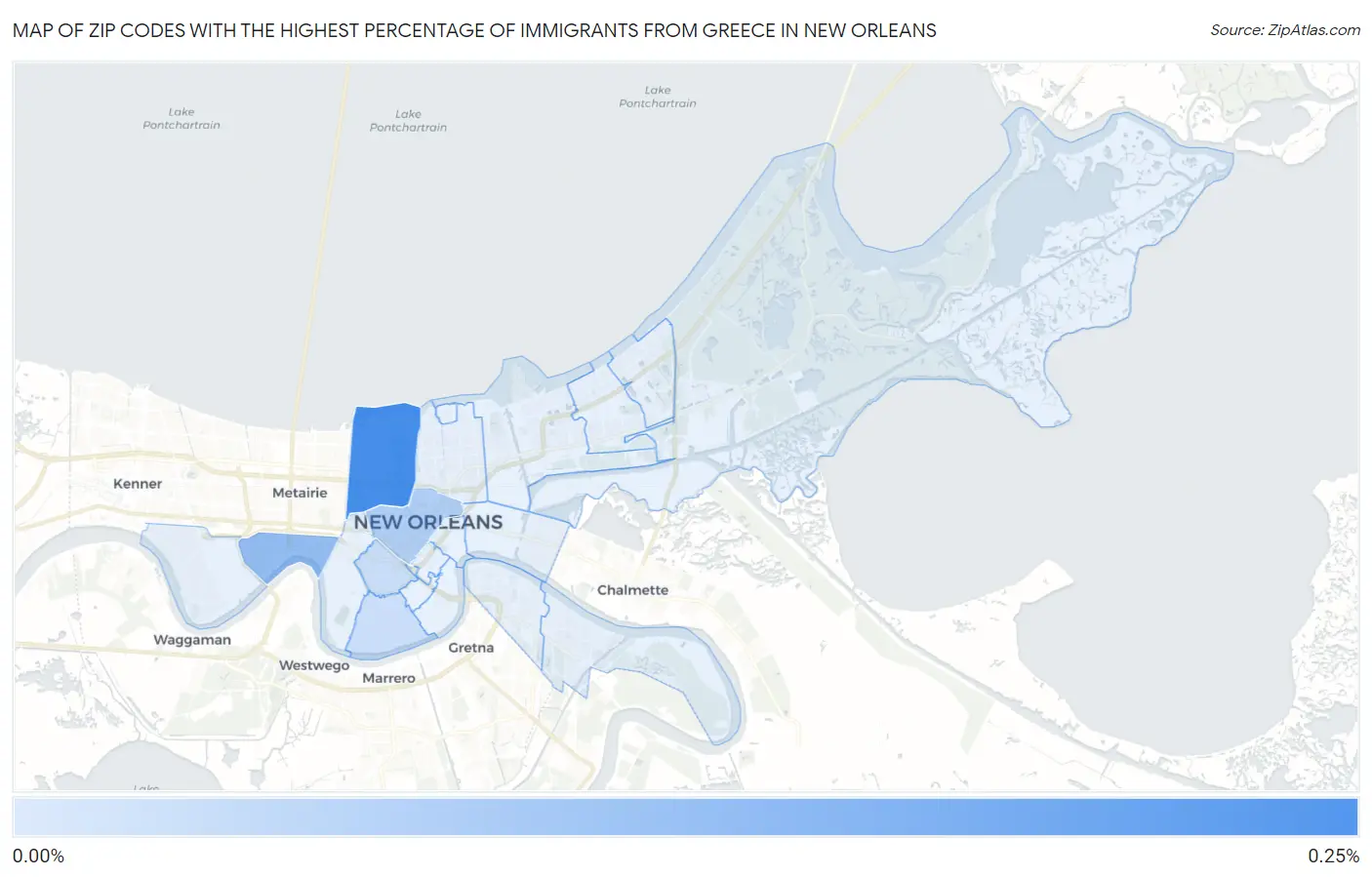 Zip Codes with the Highest Percentage of Immigrants from Greece in New Orleans Map
