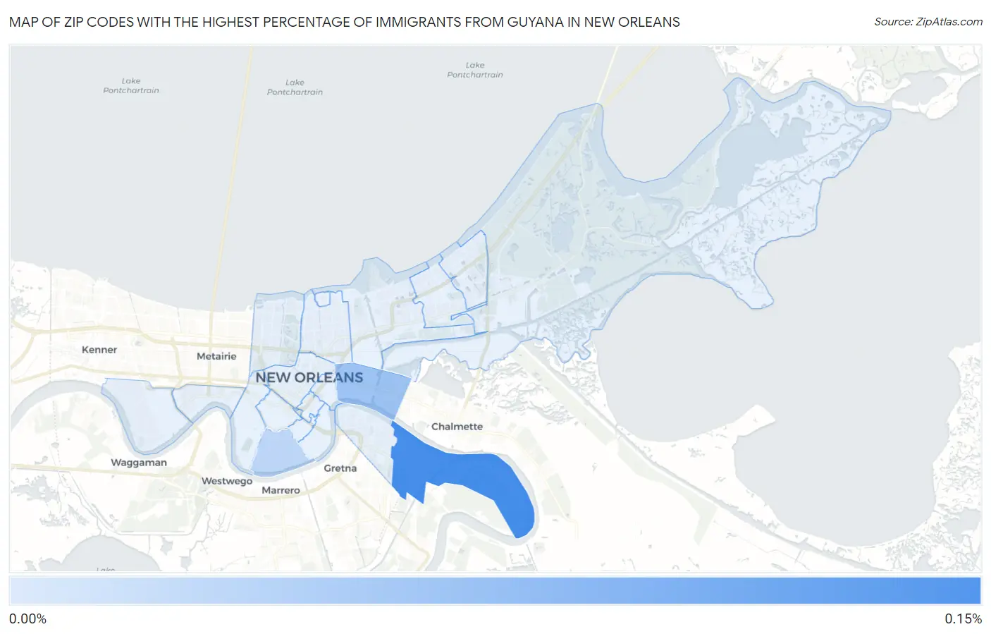Zip Codes with the Highest Percentage of Immigrants from Guyana in New Orleans Map