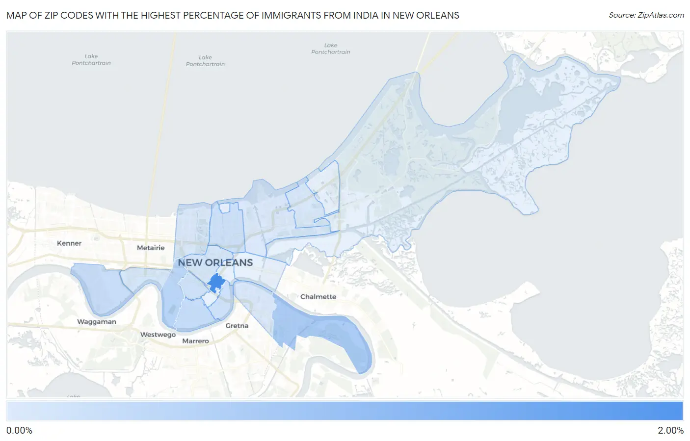 Zip Codes with the Highest Percentage of Immigrants from India in New Orleans Map