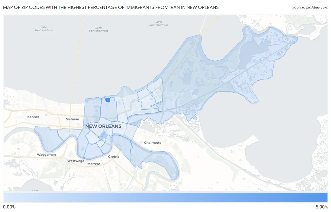 Zip Codes with the Highest Percentage of Immigrants from Iran in New Orleans Map